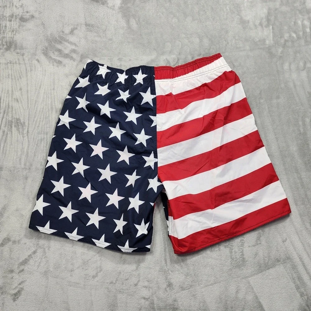 Faded Glory Swim Trunks Mens L Red White‎ Blue USA Flag Patriotic Lined Pockets